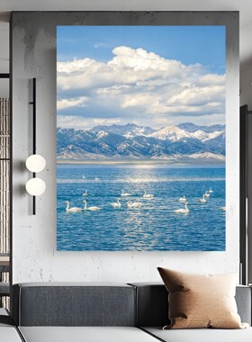 赛里木湖天鹅竖版玄关装饰画雪山湖泊风景画现代简约客厅走廊挂画