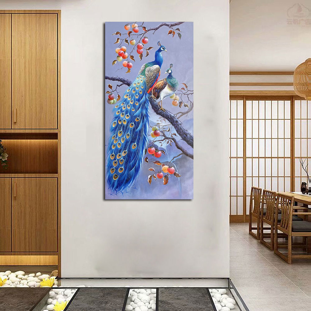 孔雀柿柿如意竖版玄关装饰画入户进门自粘贴画书房过道背景墙挂画图片