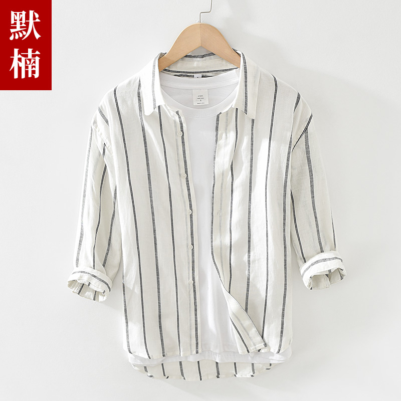 方领七分袖休闲条纹衬衫七分袖麻