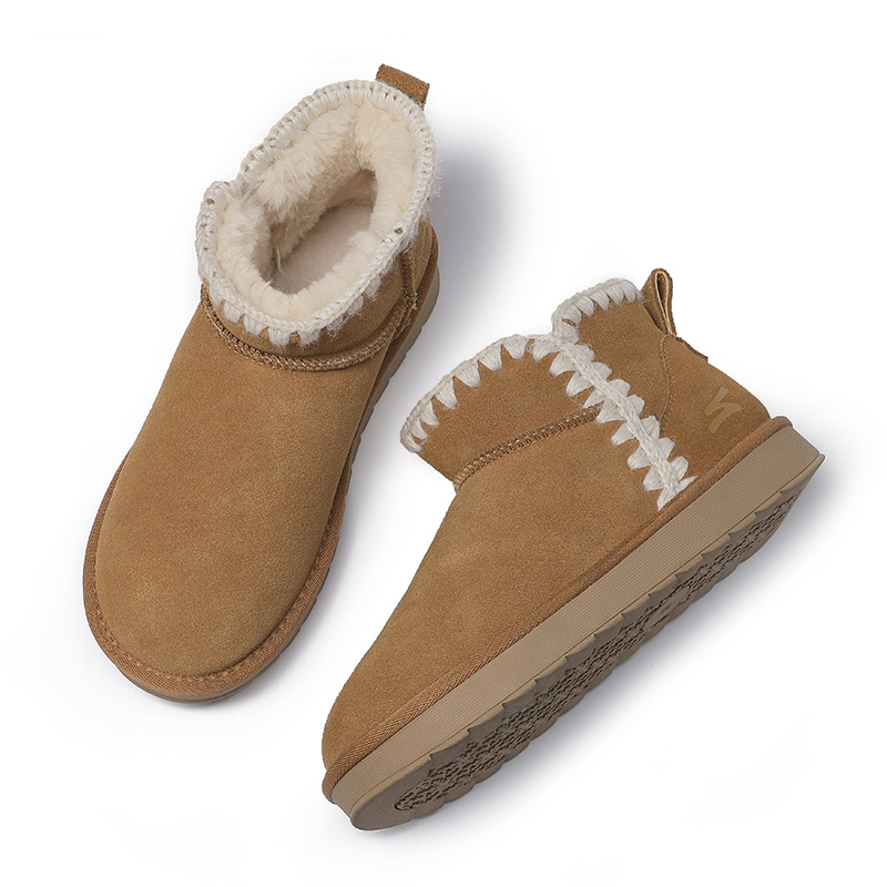 雪地靴女真皮牛皮2024年冬季短靴编织感加厚加绒保暖防滑耐磨棉鞋