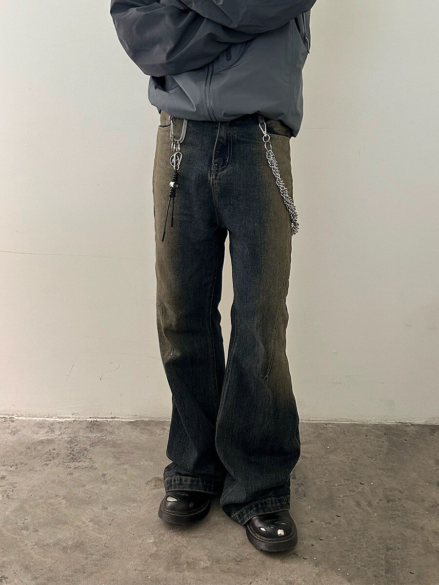 vulcan复古褶皱线系列修身水洗泥染牛仔裤做旧结构直筒裤子