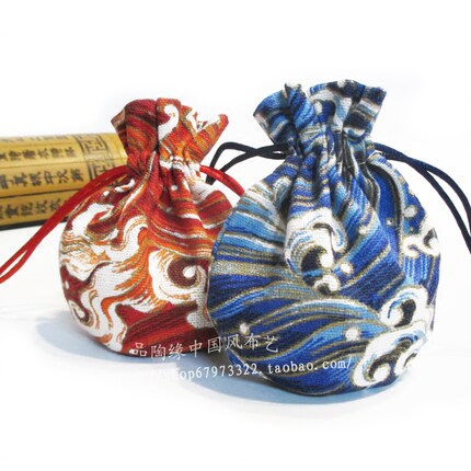 新款 原创 中古风 金粉吉祥波浪 抽口袋 佛珠香料饰品束口拉绳袋