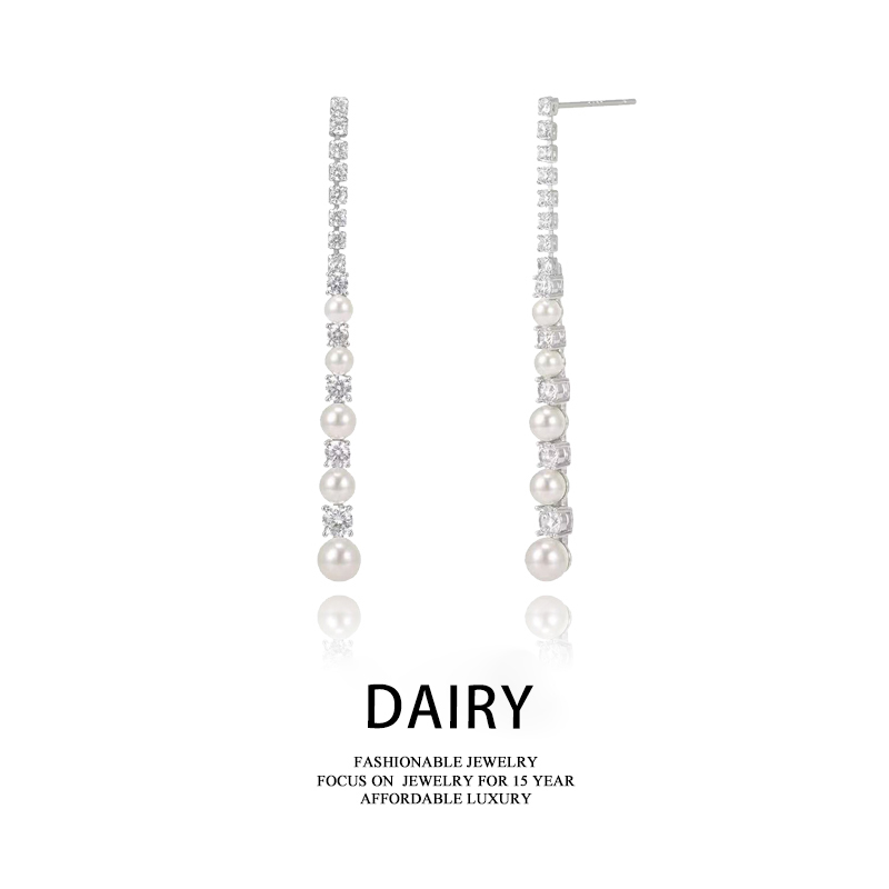 赵露思许妍同款水滴珍珠耳环线条锆石耳坠流苏长款轻奢高级感耳饰