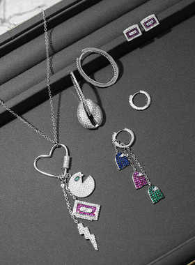 A+吃豆人耳环女个性欧美风糖果色趣味耳钉微镶锆石耳饰长款项链潮