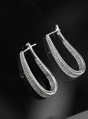 水滴形镶钻耳环气质马蹄扣简约小众银色耳扣百搭U形椭圆镂空耳饰