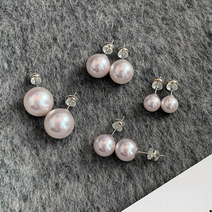 曼塔玫瑰紫施家珍珠耳钉女高端正圆极光淡粉耳环百搭仿海水珠耳饰