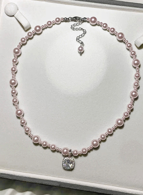 曼塔玫瑰粉珠珠方钻项链女施家珍珠高级感颈链何家方糖轻奢锁骨链