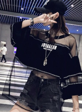 拼接网纱T恤女夏设计感bf嘻哈风性感透视宽松街头个性酷酷上衣潮