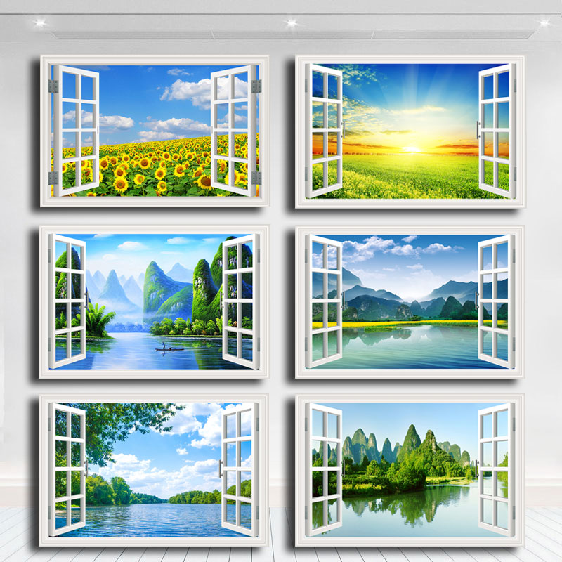 青山绿水假窗画桂林山水风景挂画玄关客厅卧室向日葵唯美自粘壁画