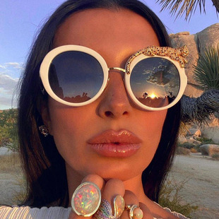 欧美ins新款时尚圆框墨镜女豹子防蓝光镶钻大框太阳镜sunglasses