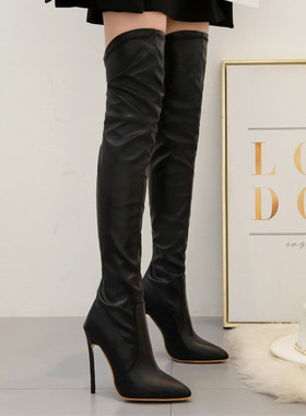 欧美ins新款女鞋性感尖头PU细跟高跟过膝套筒长靴靴子women shoes