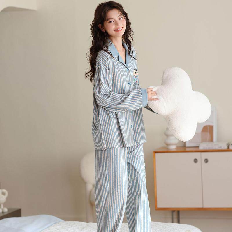 100%纯棉带胸垫睡衣女春秋季长袖开衫韩版学生免穿内衣家居服套装