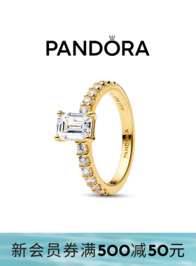[新品]Pandora潘多拉矩形璀璨光环戒指金色精致高级送女友礼物