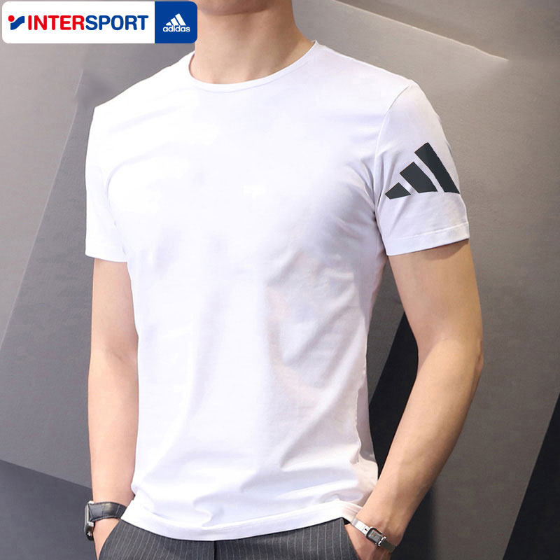阿迪达斯男士纯棉短袖T恤新款运动服圆领休闲跑步半袖白色上衣男