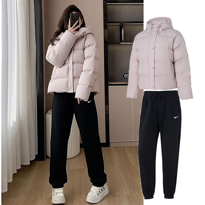 耐克套装粉色羽绒服女装冬季新款防风保暖羽绒外套加绒长裤休闲裤