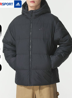 阿迪达斯男士黑色连帽羽绒服官方正品2026新款冬季保暖棉袄KC2478