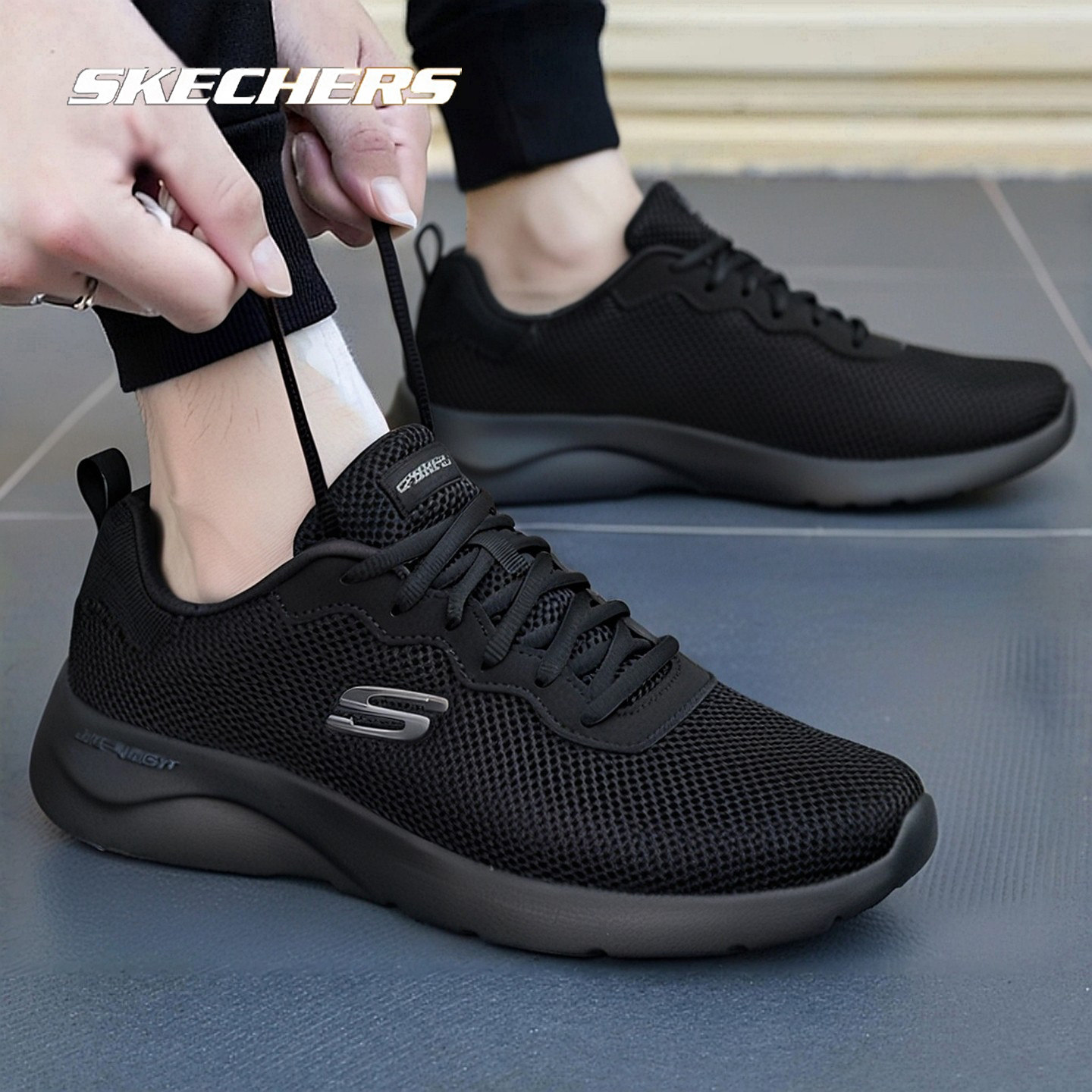 斯凯奇官方正品跑步鞋男鞋夏季减震透气网鞋休闲运动鞋黑色训练鞋