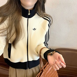 阿迪达斯三叶草针织外套女2026春季 三条纹立领夹克运动服上衣 新款