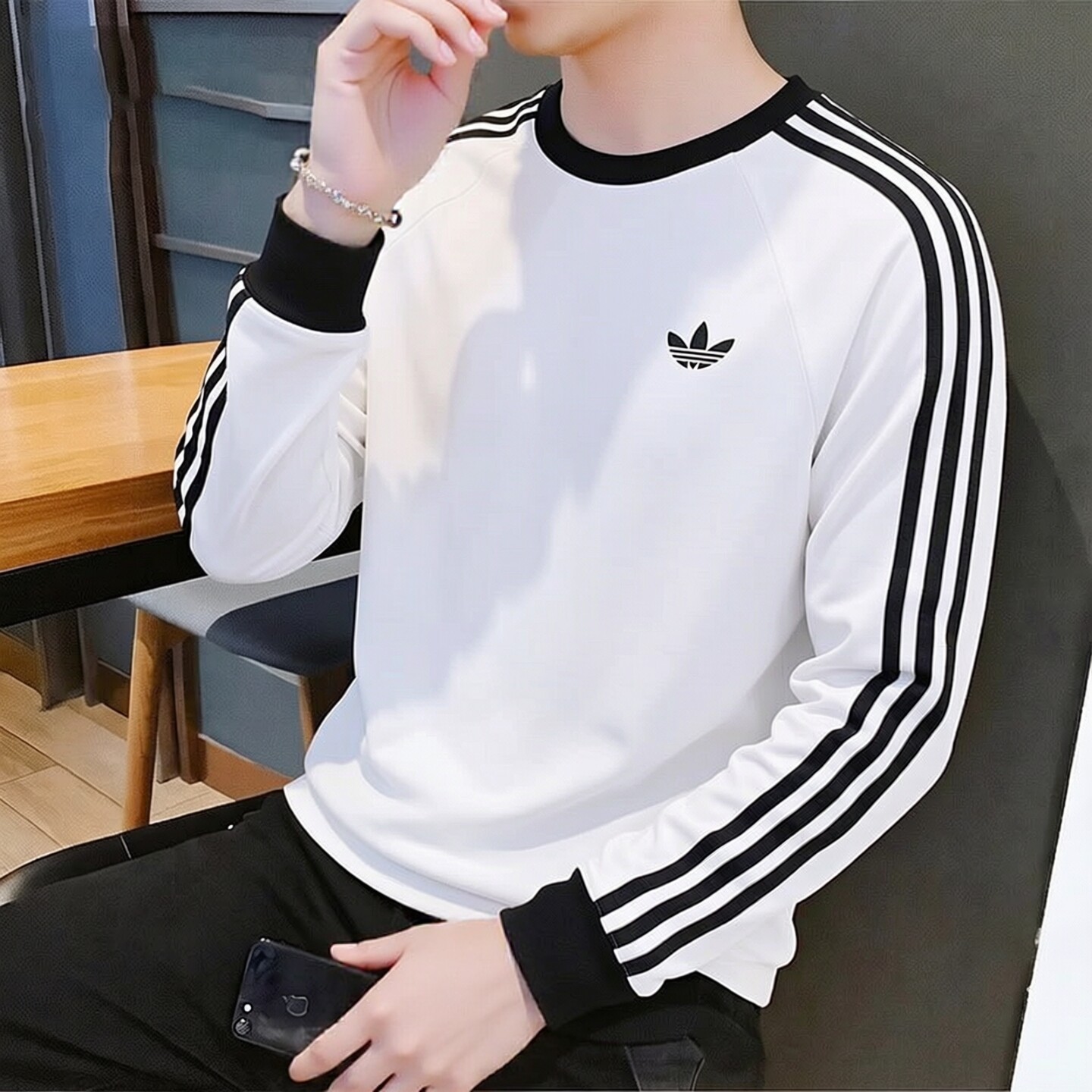 阿迪达斯三叶草长袖T恤男秋季新款运动服圆领套头衫白色薄款卫衣