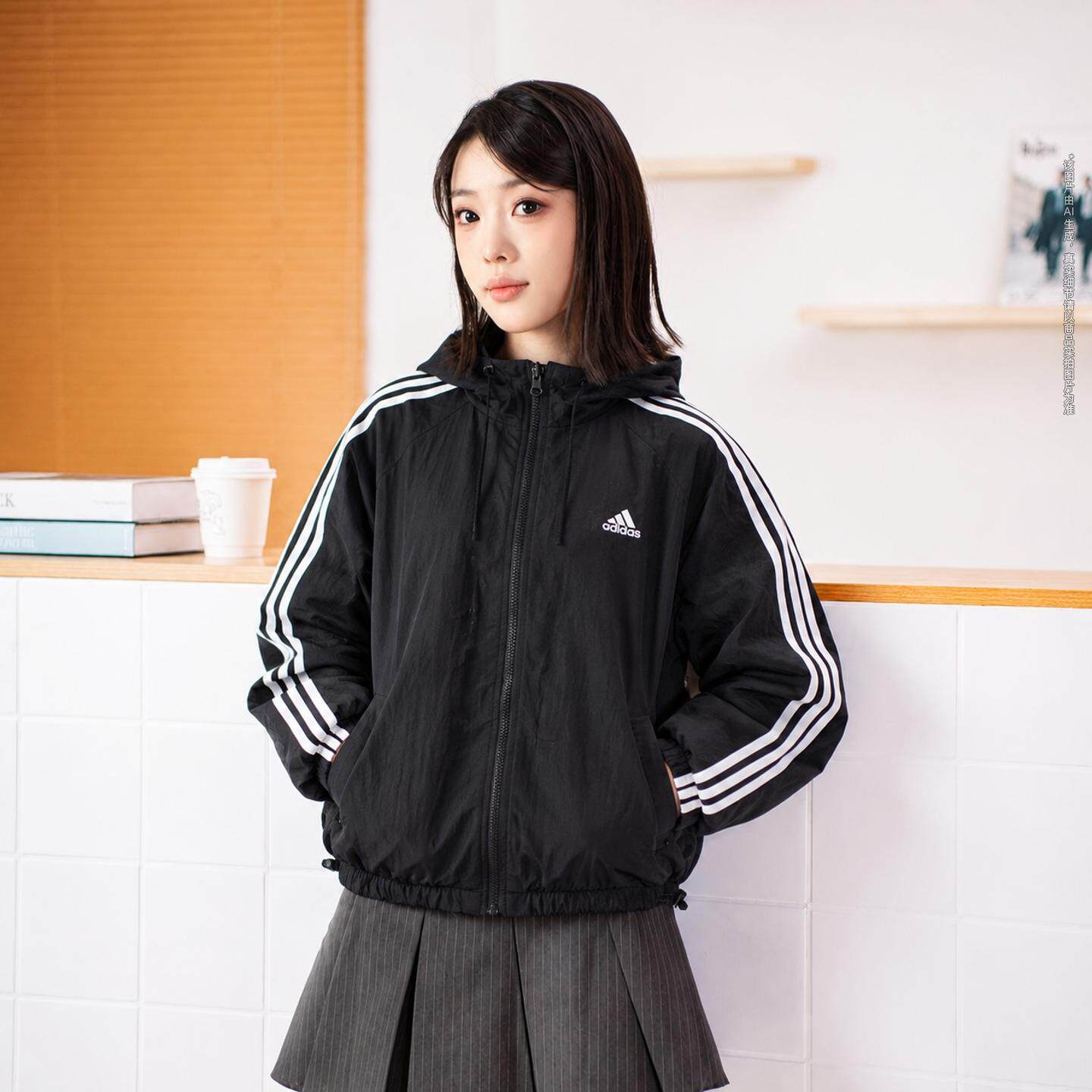阿迪达斯三叶草外套女装秋季新款运动服官方正品女款黑色短款夹克