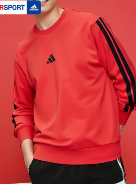阿迪达斯2026秋红色卫衣男士休闲上衣圆领宽松套头衫运动服JE6373
