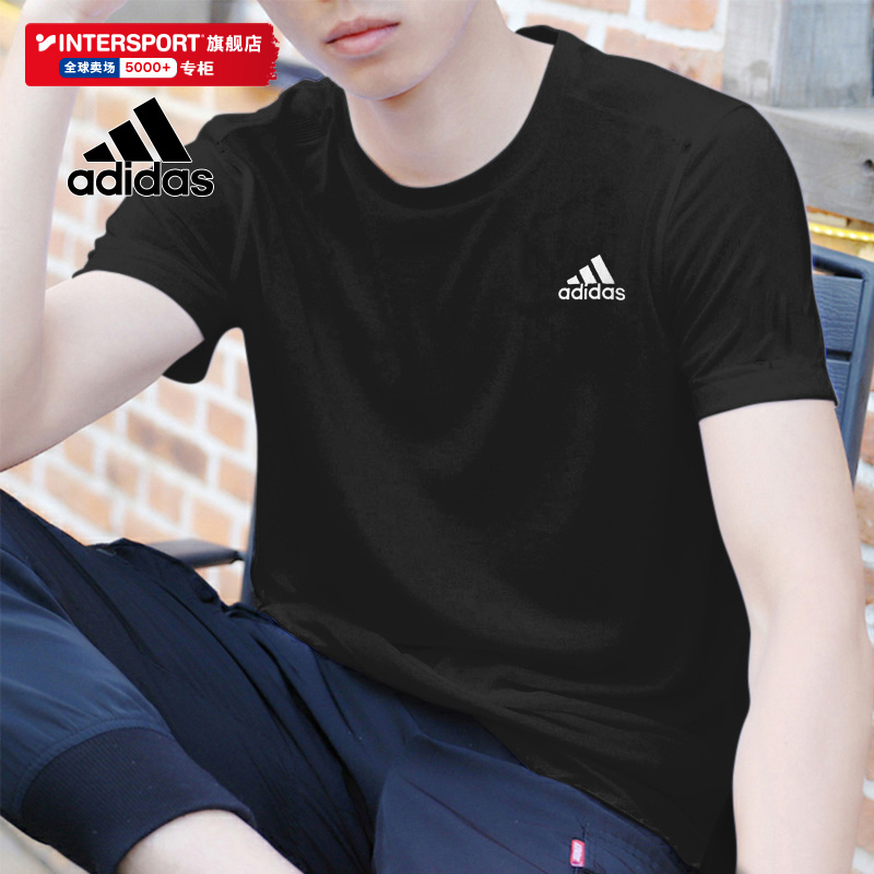 阿迪达斯短袖男冬季新款速干半袖上衣男士黑色圆领纯棉运动T恤潮