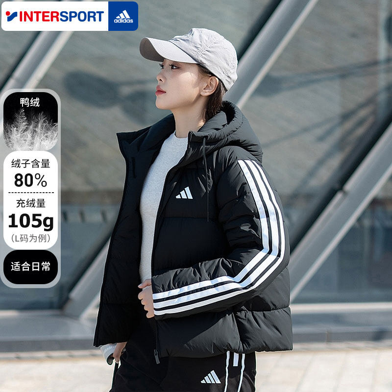 阿迪达斯短款羽绒服女款面包服春季新款运动棉服官方正品黑色外套