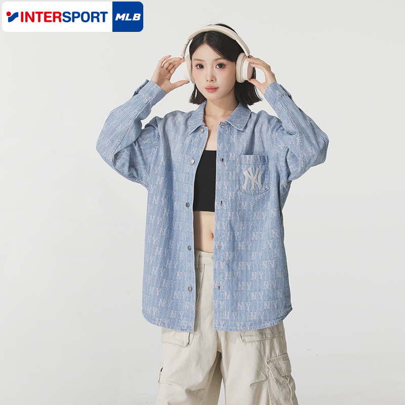 MLB情侣外套男女老花满印牛仔衬衫秋季休闲翻领运动夹克3ADRM0454