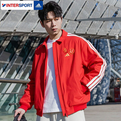 阿迪达斯官方外套男款新年款红色休闲复古外套加绒马蹄夹克KE4059
