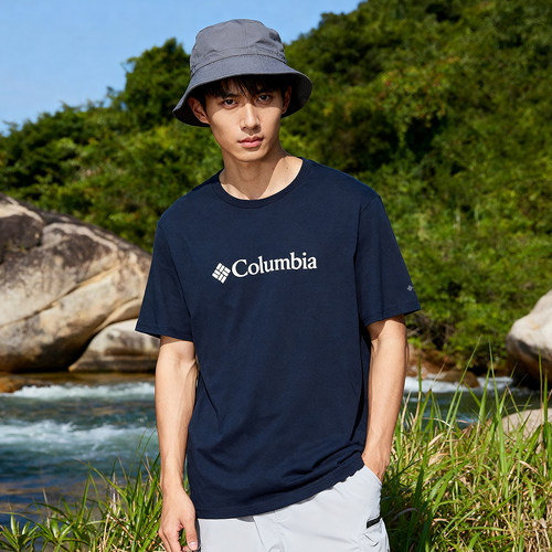 茵特|哥伦比亚纯棉短袖T恤男夏季新款蓝色圆领透气体恤休闲半袖J