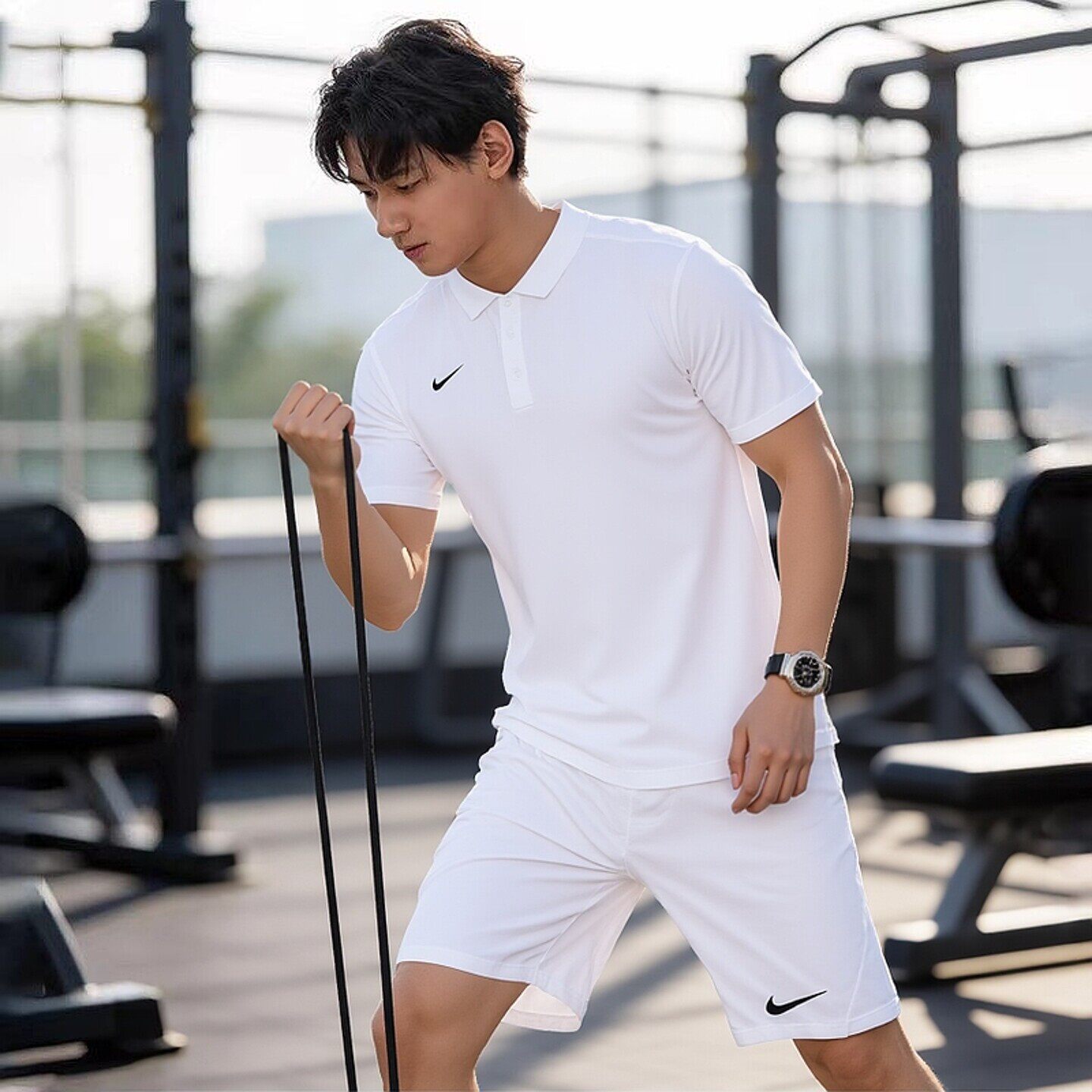 NIKE耐克运动套装男跑步训练健身男士t恤POLO衫短袖五分裤两件套