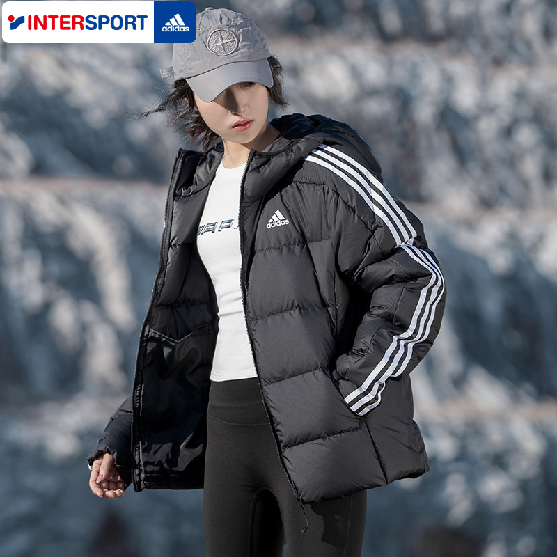 阿迪达斯羽绒服女装冬季新款情侣运动服男士黑色加厚连帽鸭绒外套