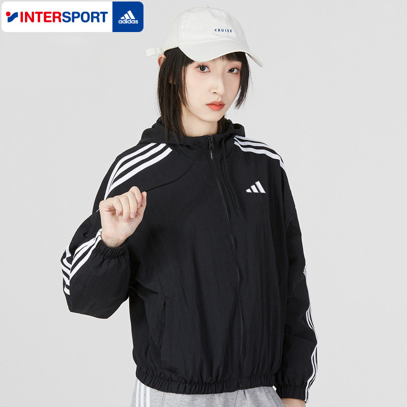 阿迪达斯连帽外套女款夹克春季新款跑步防风运动服黑色休闲上衣女