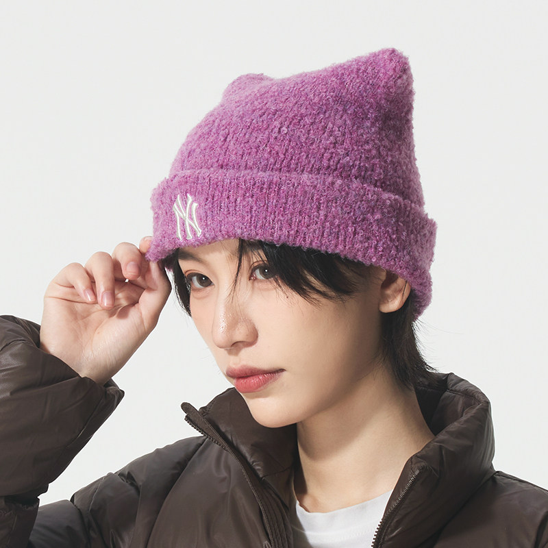 MLB官方女童爱心猫耳毛线帽针织帽25秋冬新款儿童套头帽运动冷帽