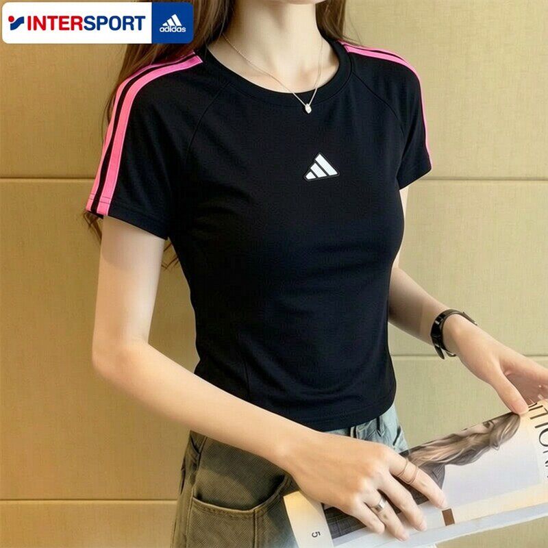 阿迪达斯短款修身T恤女装夏季新款运动服健身训练服跑步圆领短袖
