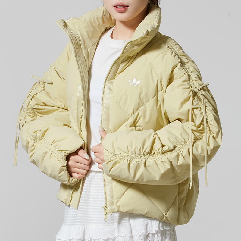 阿迪达斯三叶草羽绒服女2025冬季黄色宽松短款时尚蝴蝶结羽绒外套
