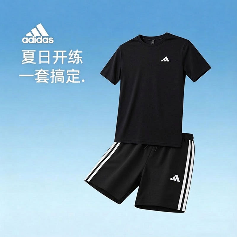 阿迪达斯黑色快干运动套装男2026夏季跑步训练健身服透气t恤短裤