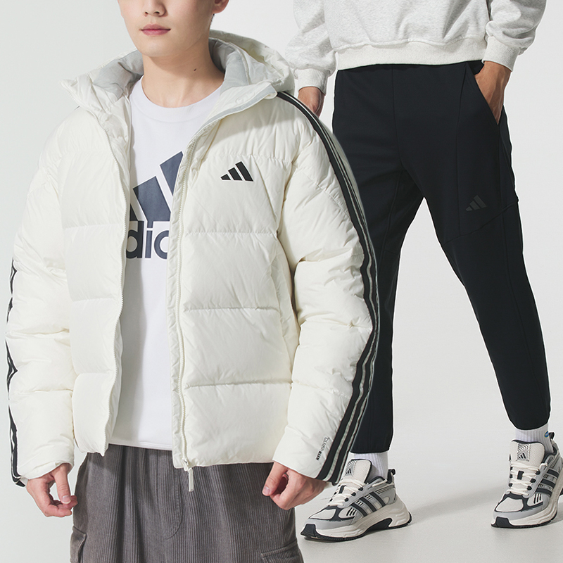 阿迪达斯运动套装男冬季新款连帽三条纹羽绒服加绒针织裤子两件套
