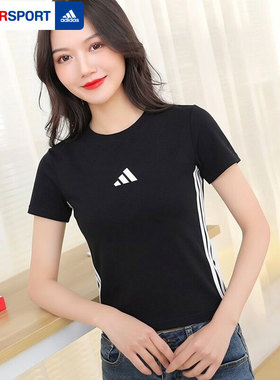 阿迪达斯短袖T恤女装2026春季新品运动休闲三条纹黑色半袖JE1239