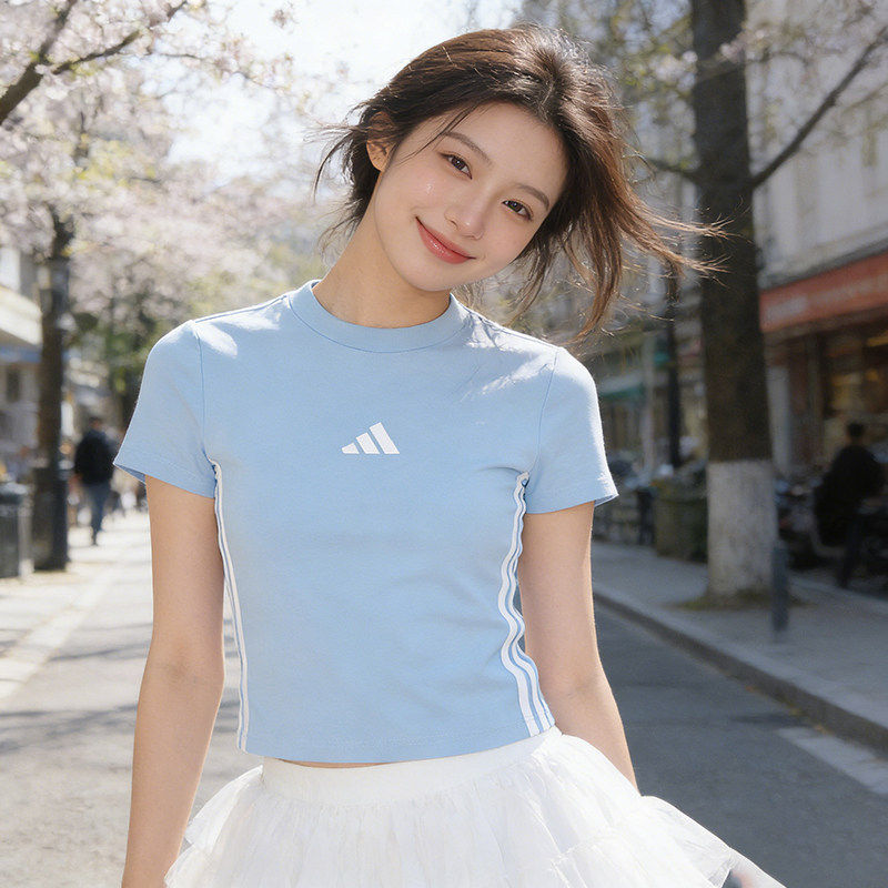 Adidas阿迪达斯女款t恤正品短袖女装夏新款女士运动休闲蓝色上衣