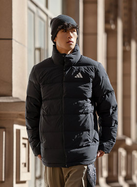 阿迪达斯鸭绒保暖羽绒服男士2025冬季休闲防风黑色连帽外套KH3994