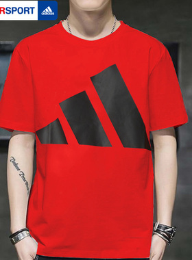 阿迪达斯圆领红色短袖男装新年款本命年运动服休闲舒适T恤JE8934
