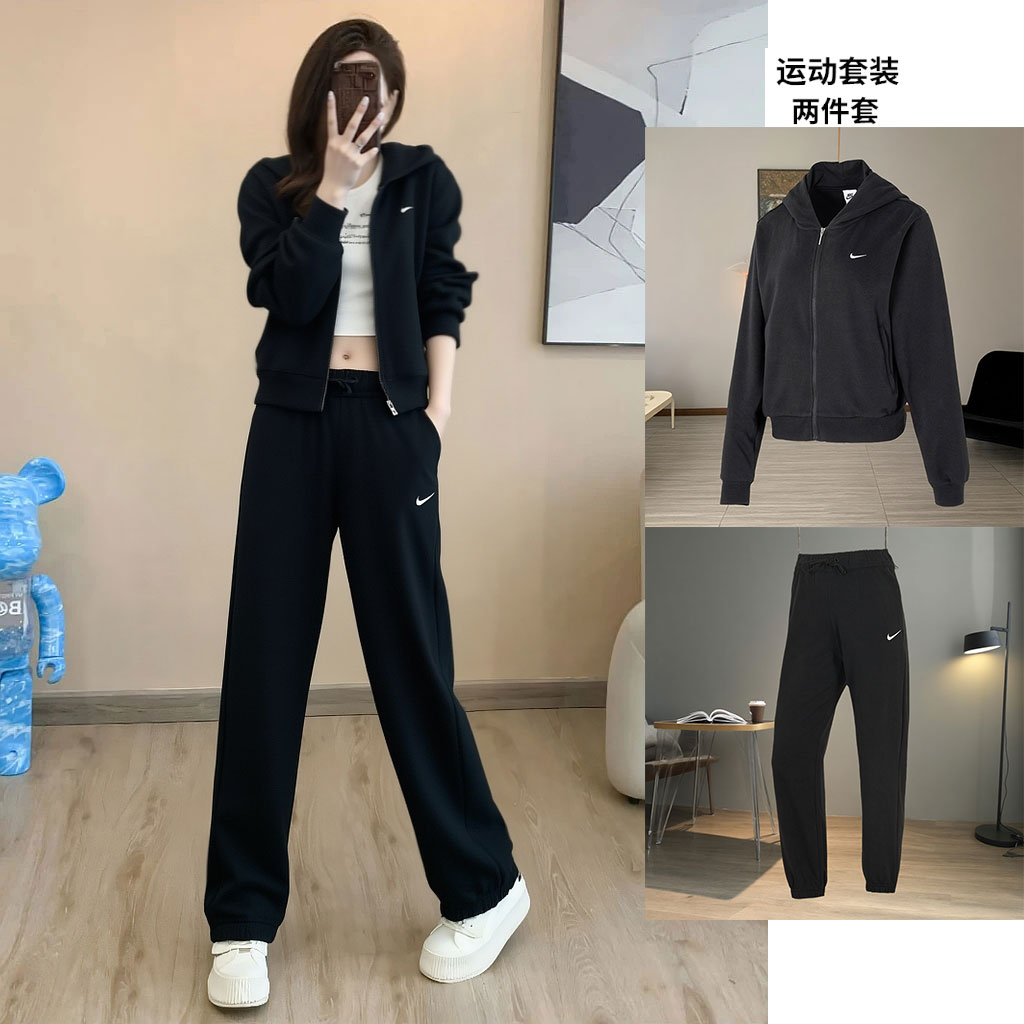 耐克早秋超好看女款25年秋运动夹克休闲保暖上衣黑色长裤外套套装