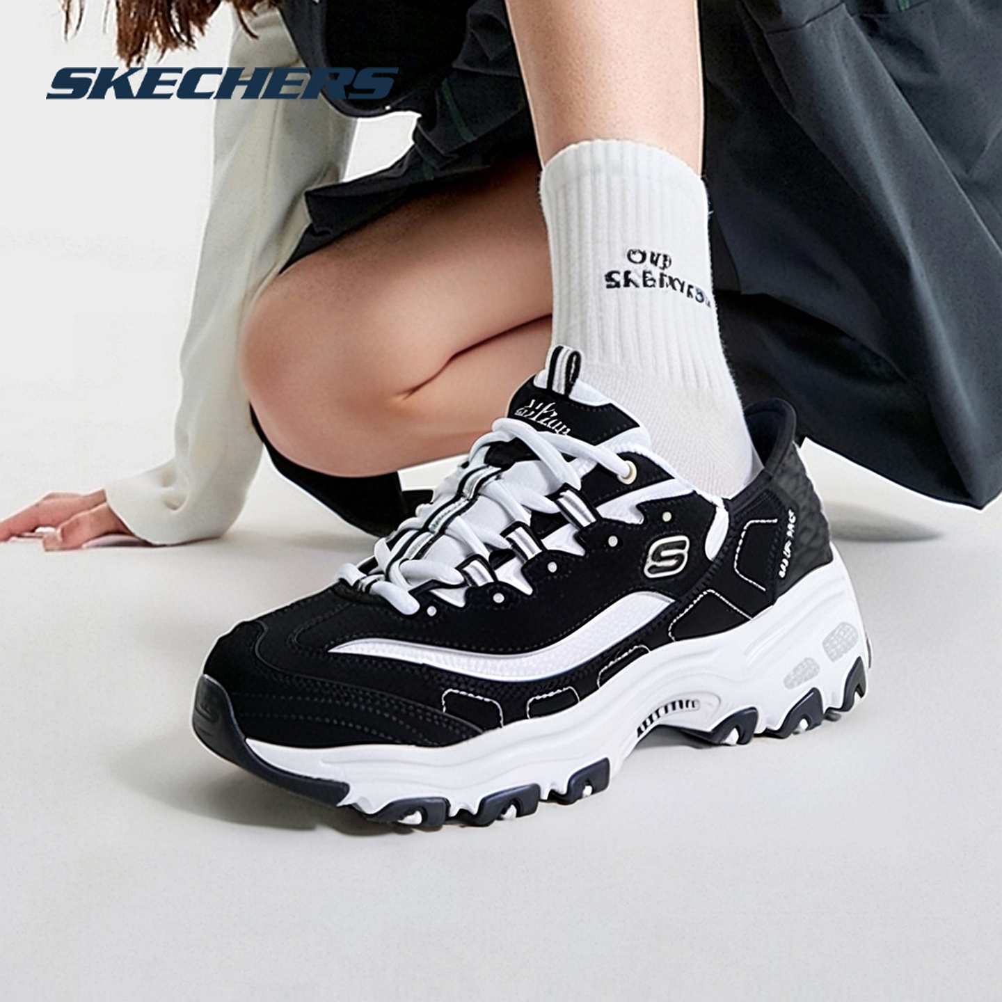 斯凯奇女鞋冬季新款运动鞋黑色老爹鞋子增高休闲鞋闪穿女款熊猫鞋