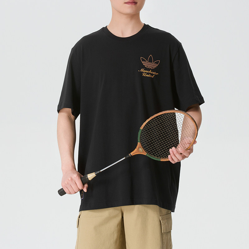 阿迪达斯短袖男装夏季三叶草黑金色纯棉曼联足球宽松休闲运动T恤