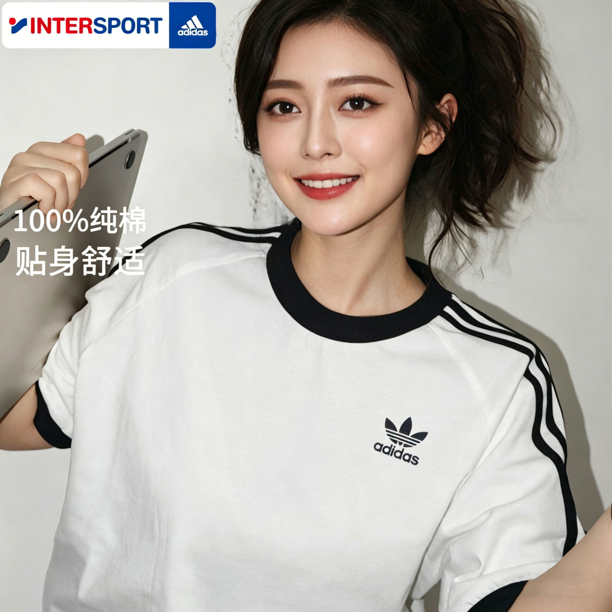 阿迪达斯三叶草运动T恤女纯棉短袖 夏季新款情侣装宽松白色上衣男