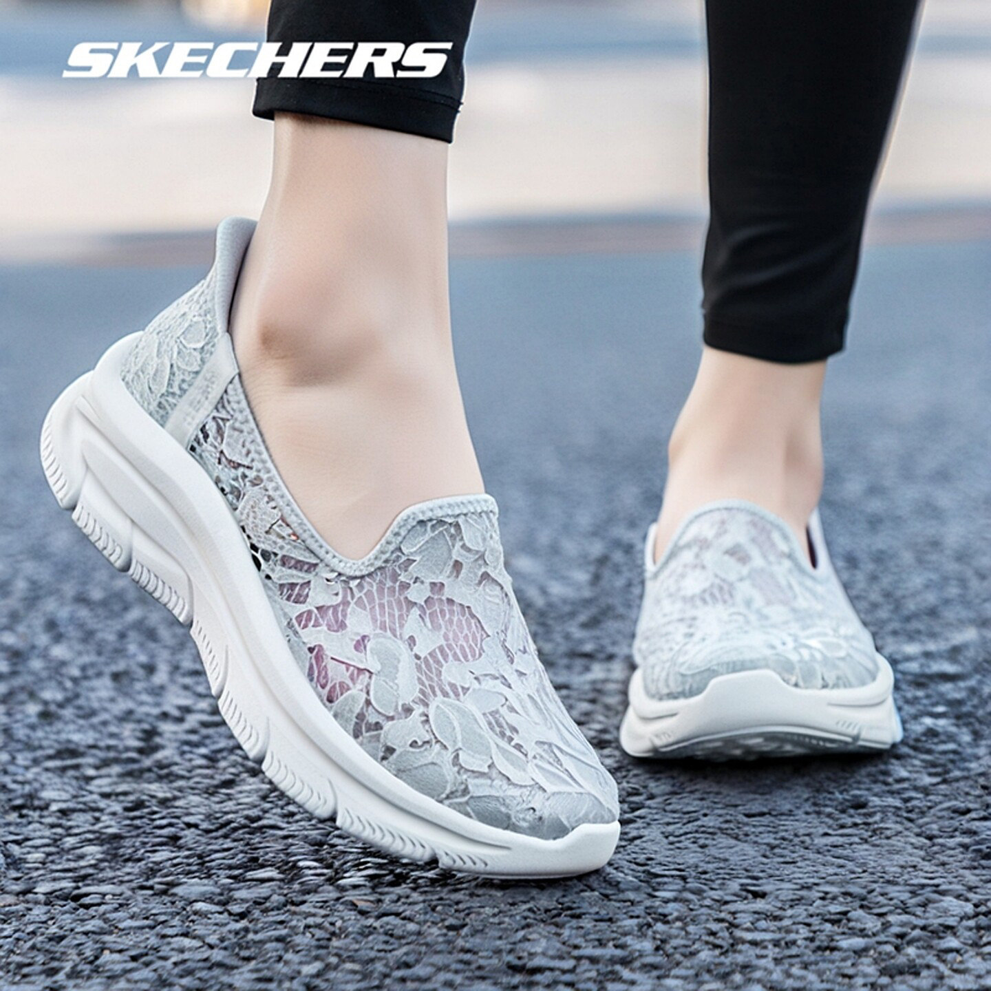 斯凯奇闪穿鞋透气蕾丝镂空女鞋浅口鞋休闲厚底运动鞋158858-LGY