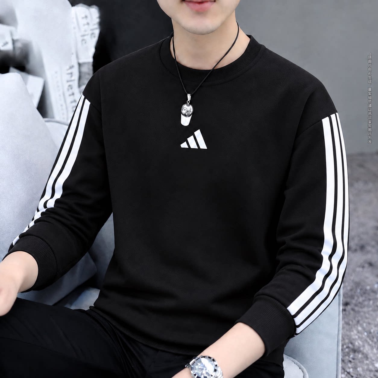 茵特丨阿迪达斯男士圆领卫衣秋季款三条纹加绒运动服保暖长袖T恤