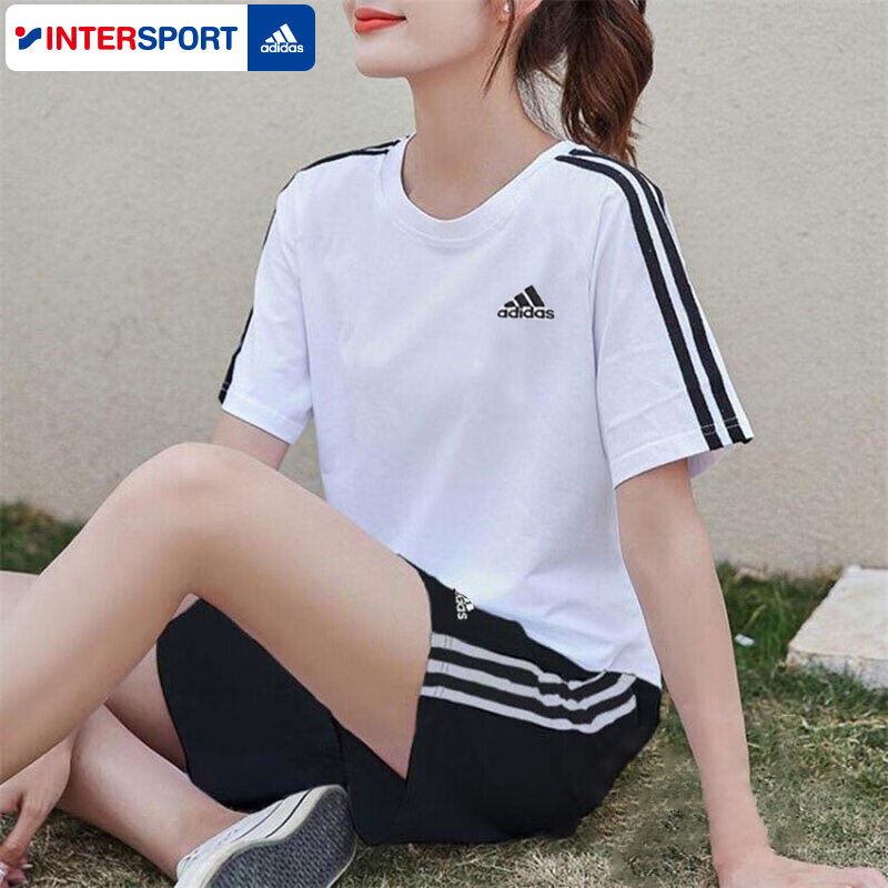 Adidas阿迪达斯修身套装女装跑步训练健身运动服白色纯棉T恤短裤