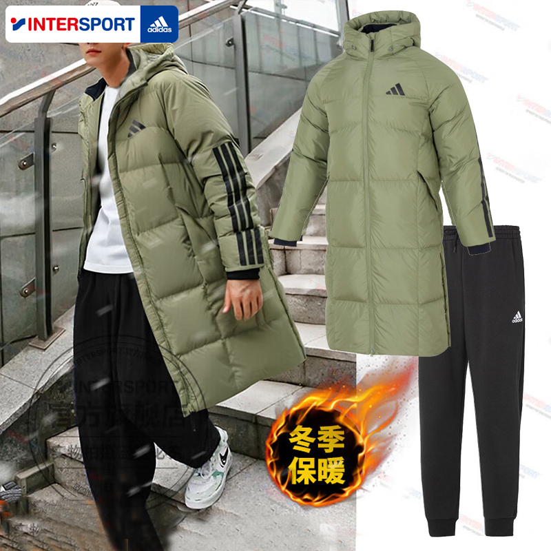 阿迪达斯运动套装男24冬季加厚长款羽绒服连帽外套加绒长裤两件套